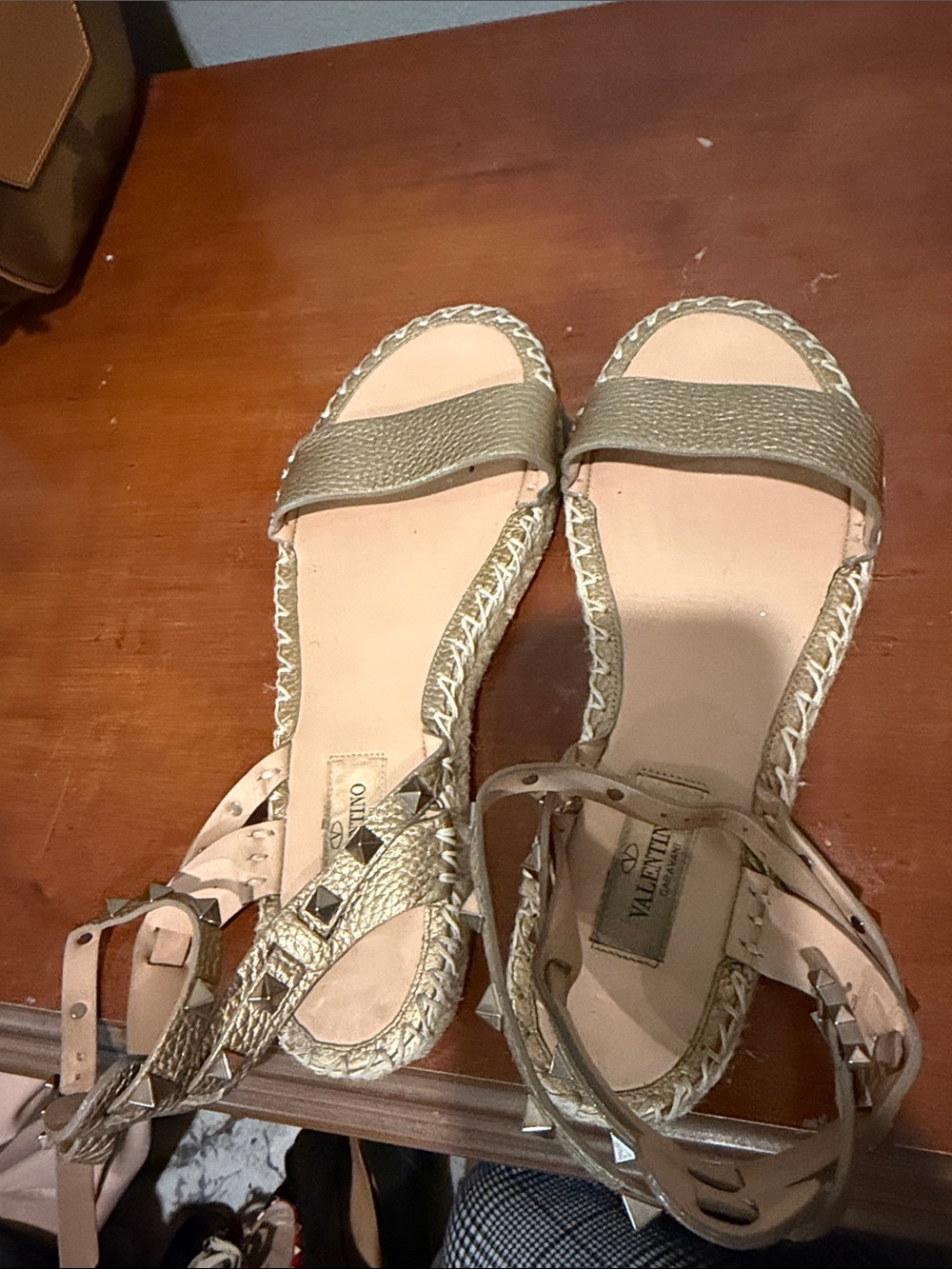 Valentino Metallic Gold-Tone Studded Espadrille Sandals